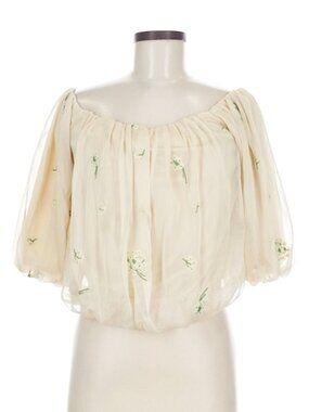 aeom Floral Embroidered Off Shoulder Crop Top Cream Puff Sleeve Medium
